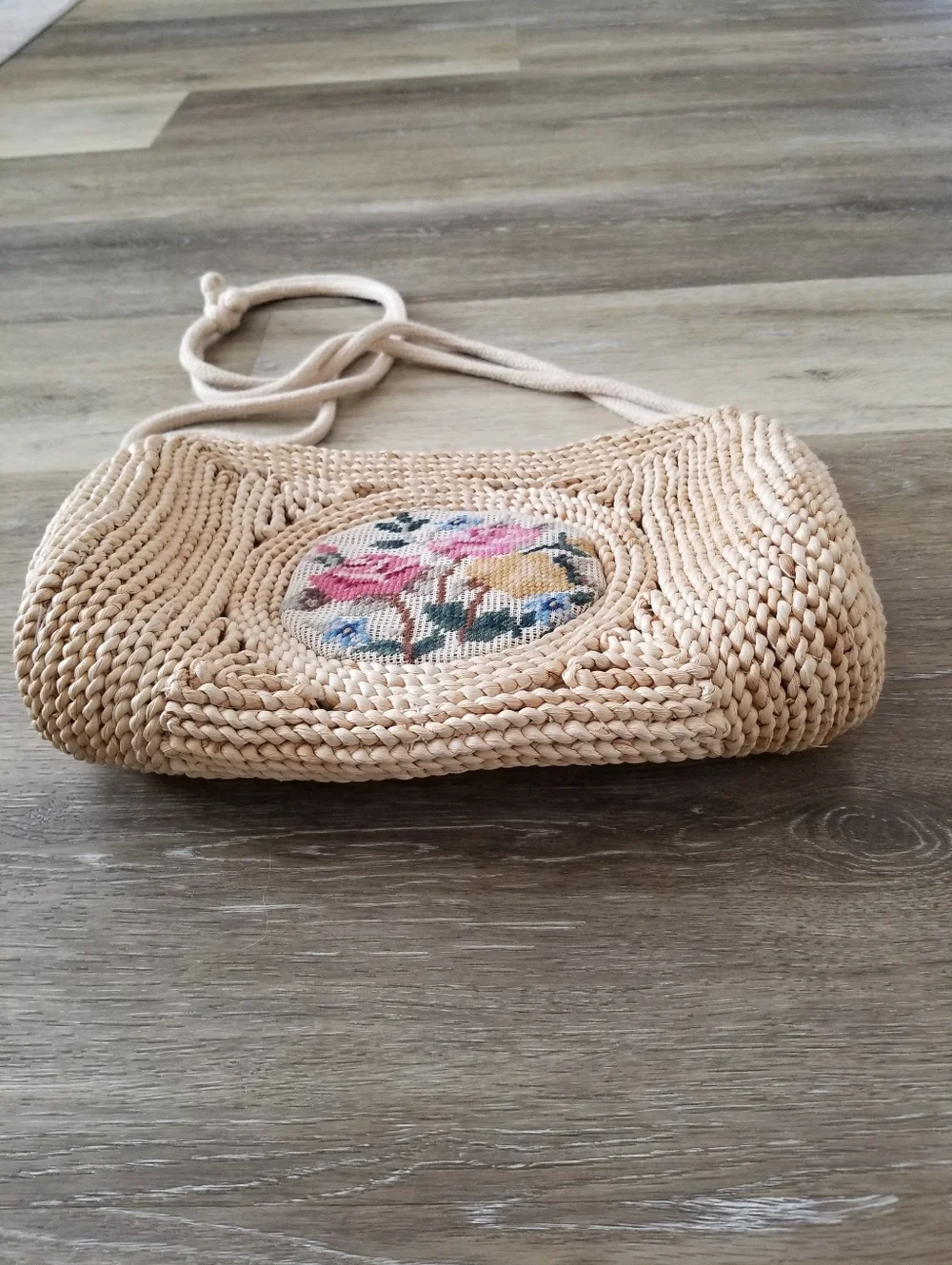 Vintage Cross Stitch Embroidery Boho Straw Shoulder Bag Cottagecore - Picture 5 of 12